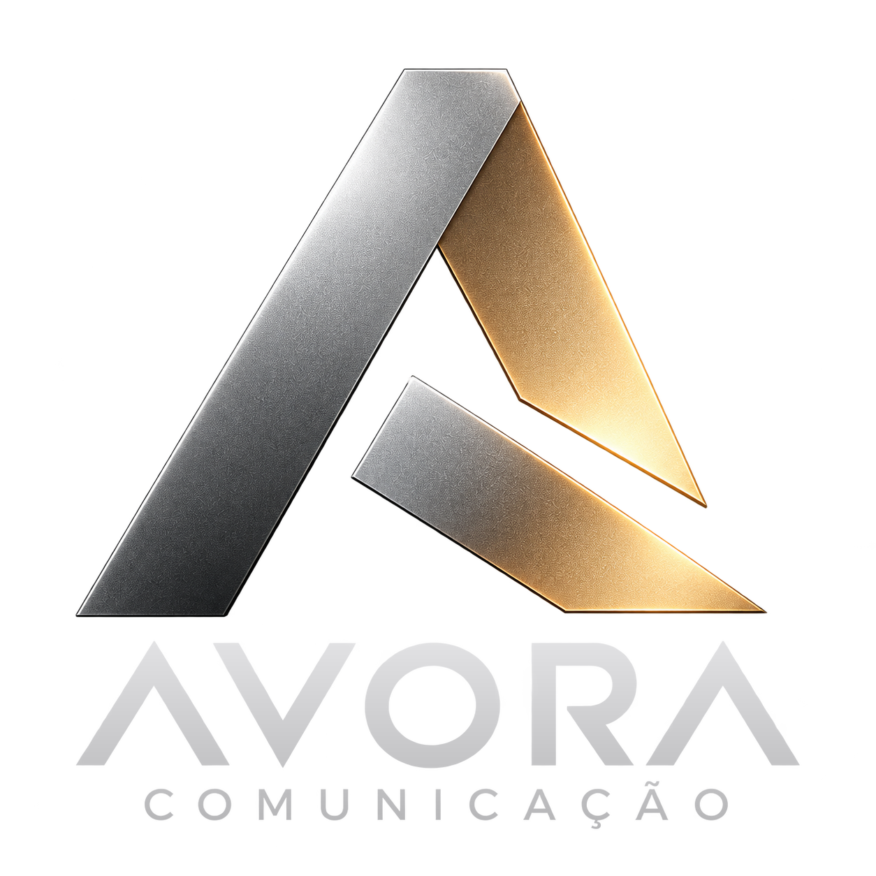 Logotipo original completo AVORA Comunicação, símbolo metálico em prata e champanhe e lettering original